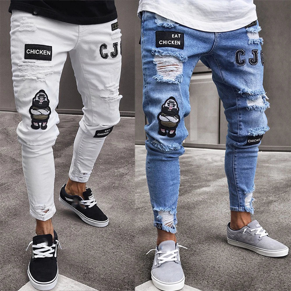 White Embroidery Skinny Ripped Jeans Men Cotton in USA