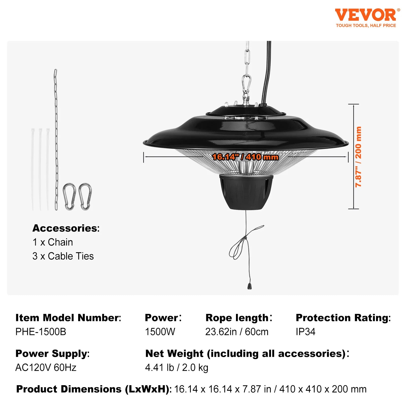 VEVOR Hanging Patio Heater Pull Cord Adjustable IN USA.