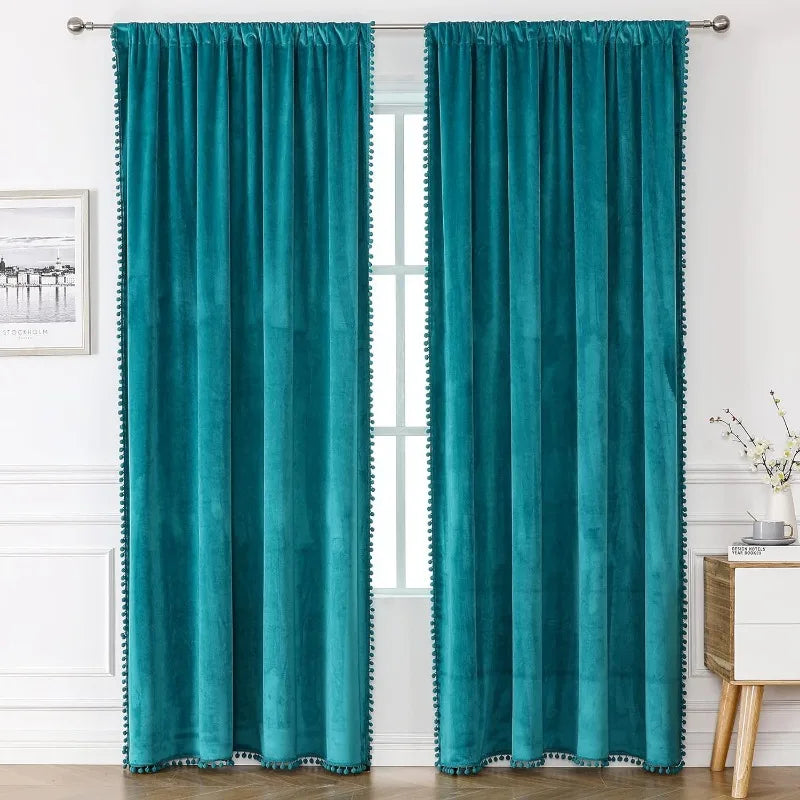 Pom Velvet Curtains for Bedroom, Blackout Curtains in USA