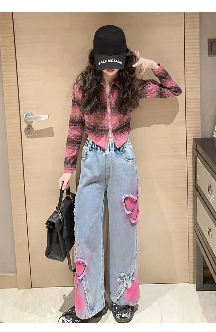 Girls High Waist Korea Style Long Jeans Teens Trousers in USA