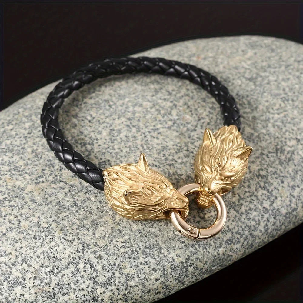 Retro Viking Double Wolf Head Leather Bracelet in USA