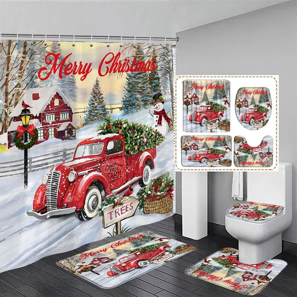 Christmas Bathroom Sets with Shower Curtain Rugs Red Truck in USA.