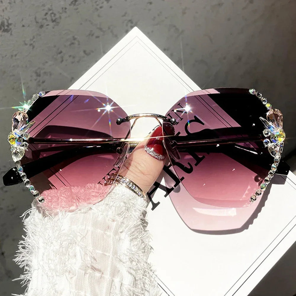 Luxury Brand Design Vintage Rimless Rhinestone Sunglasses Women in USA