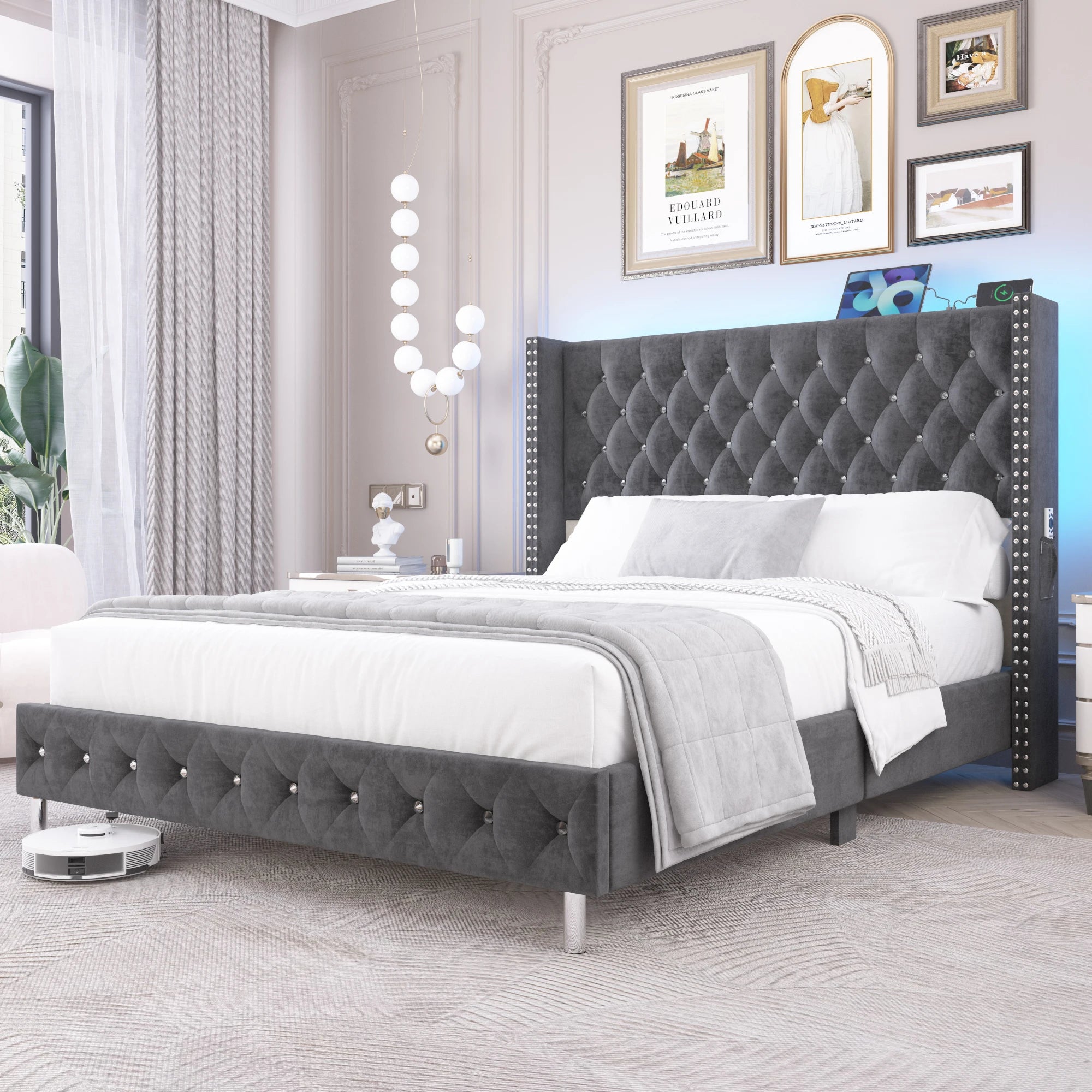 Queen LED Upholstered Bed Frame Wingback Headboard, IN USA.