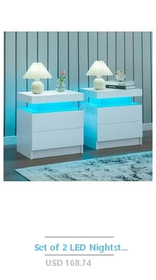 Set of 2 LED Nightstands with Remote Control and APP Bluetooth 2 Drawe