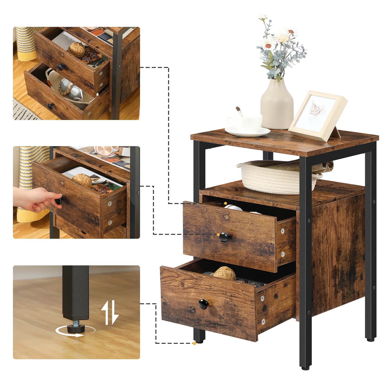 HOOBRO Nightstand Bedside Table Drawers Storage Shelves IN USA.