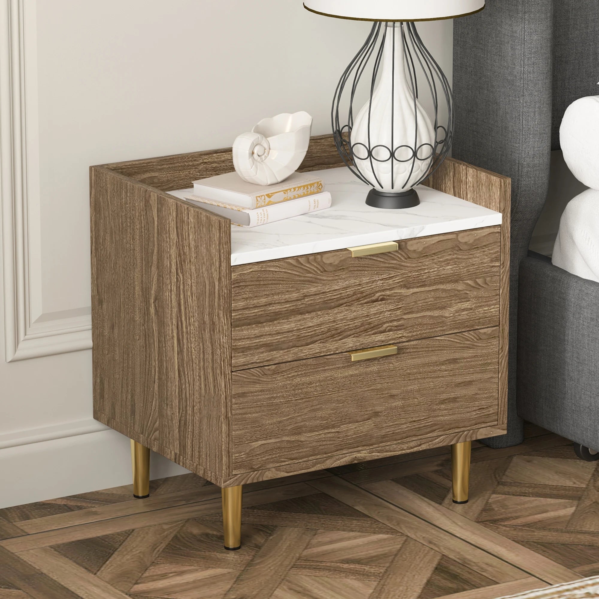 Wooden Nightstand Drawers Worktop, Bedside Table IN USA.