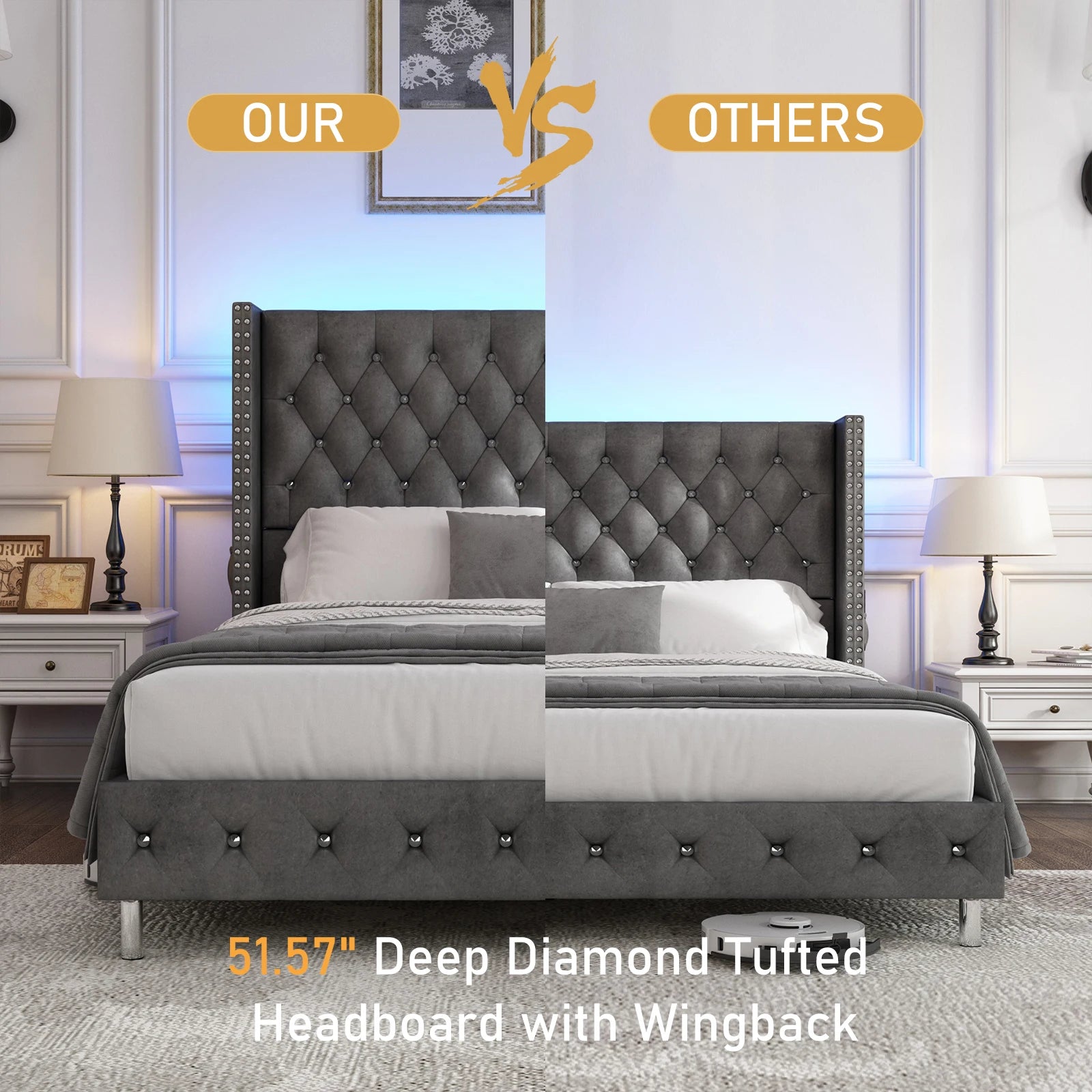 Queen LED Upholstered Bed Frame Wingback Headboard, IN USA.