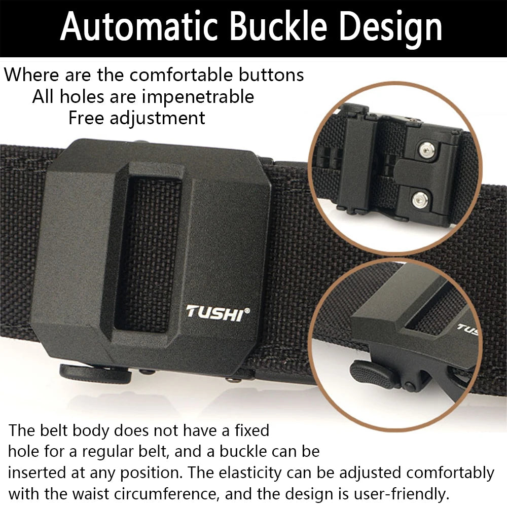 TUSHI Hard Tactical Gun Belt for Men Metal Automatic Buckle Thick Nylo