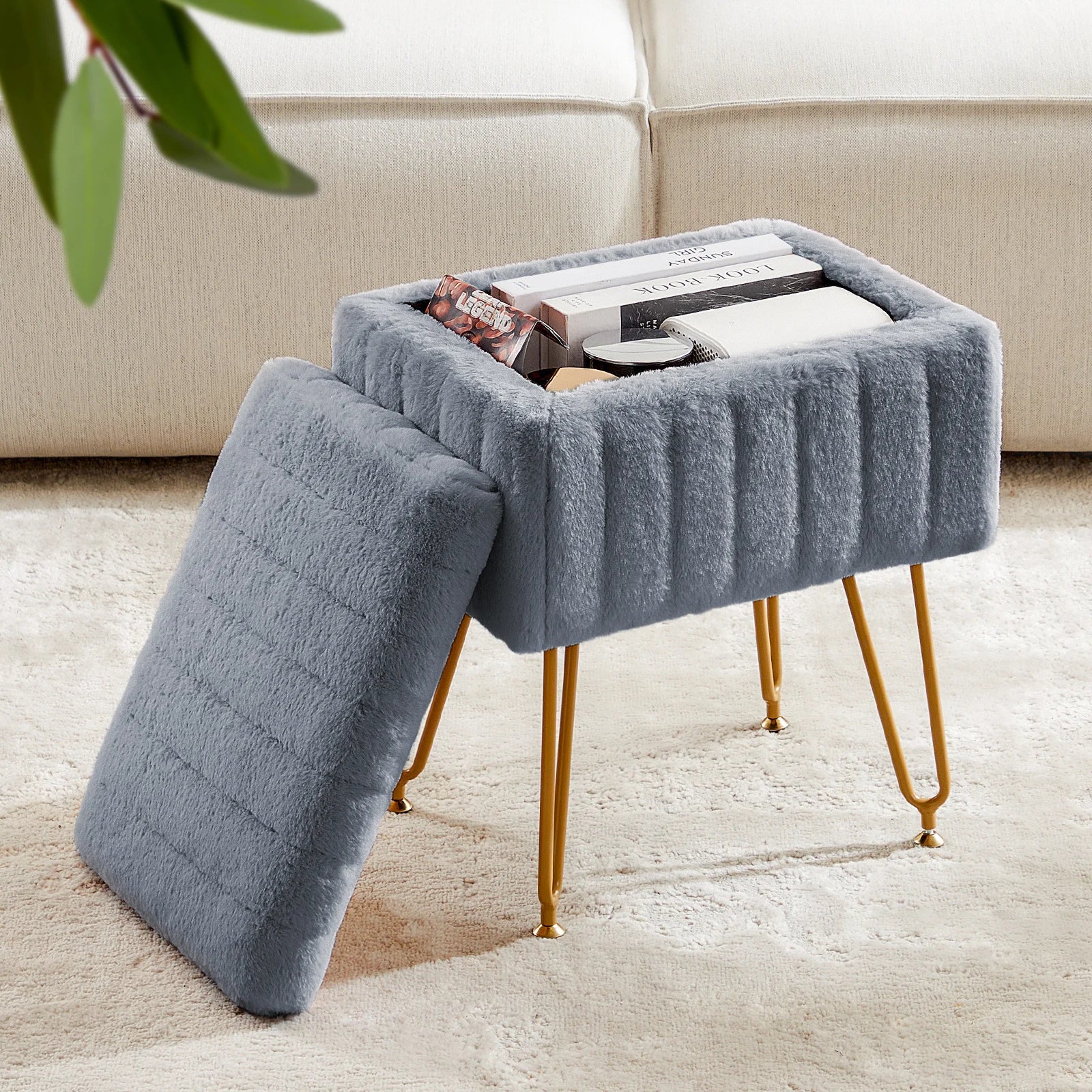 JHK Faux Fur Living Room Hidden Storage Footstool IN USA.