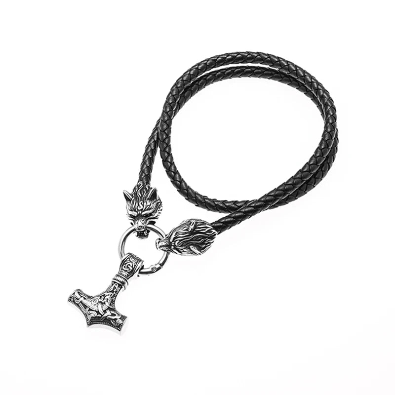 Nordic Necklace Double Wolf Head Thor's Hammer in USA