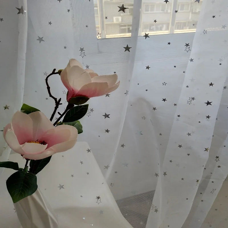 White Shiny Sliver Stars Tulle Curtains For Kids Room Modern IN USA.