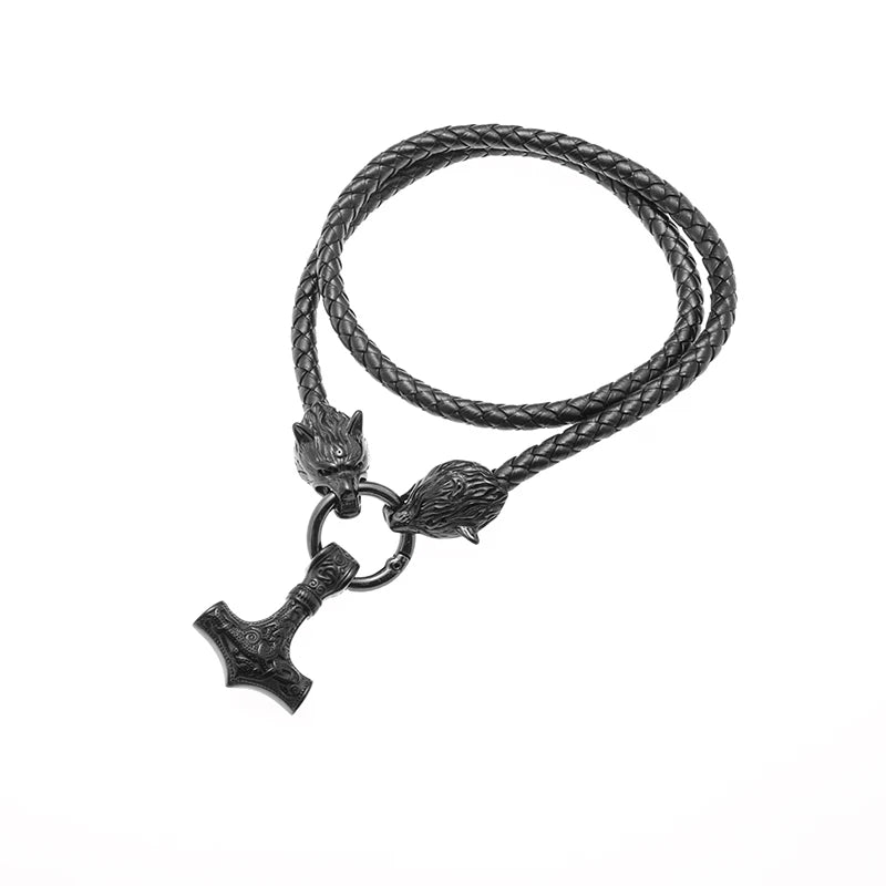 Nordic Necklace Double Wolf Head Thor's Hammer in USA