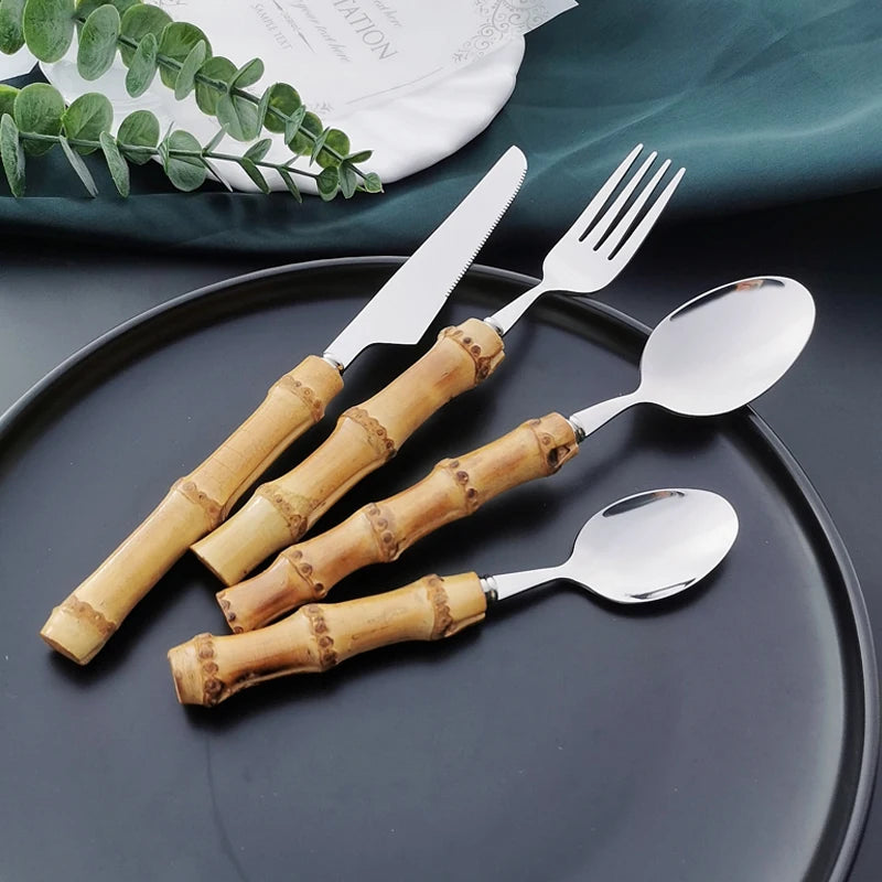 Dinnerware Sets Original Nature Bamboo Handle Stainless Steel