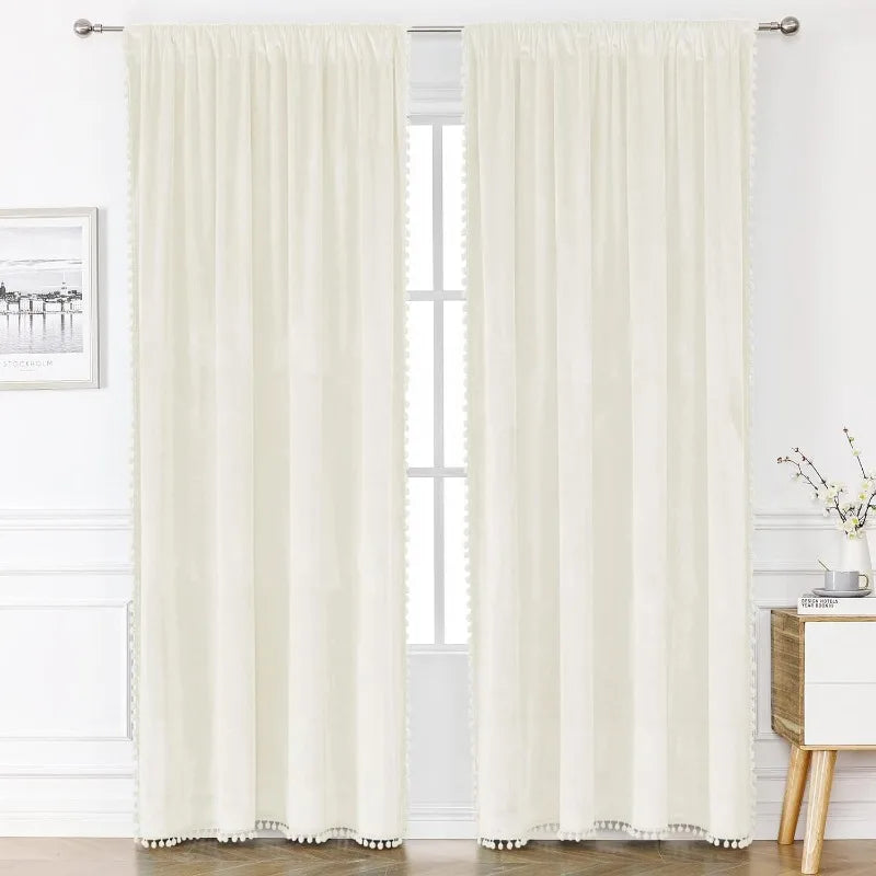 Pom Velvet Curtains for Bedroom, Blackout Curtains in USA