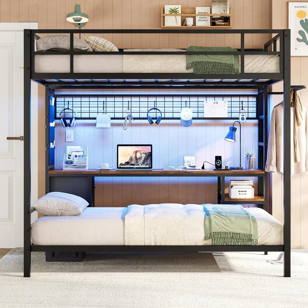 Twin Bunk Bed with Desk and Charging Station Metal