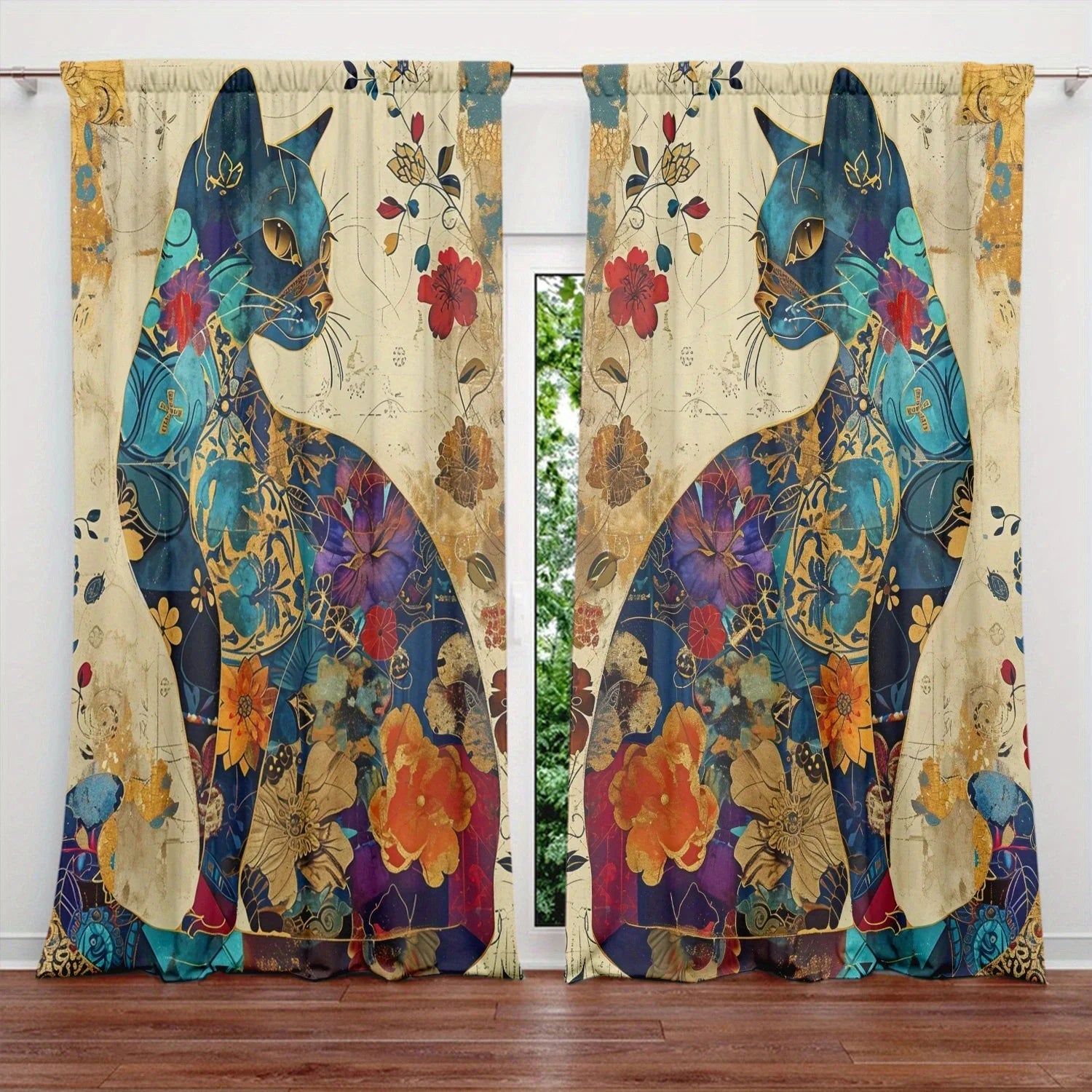 Artistic Cat Print Printed Curtain for Home Decor - Rod Pocket Window in USA