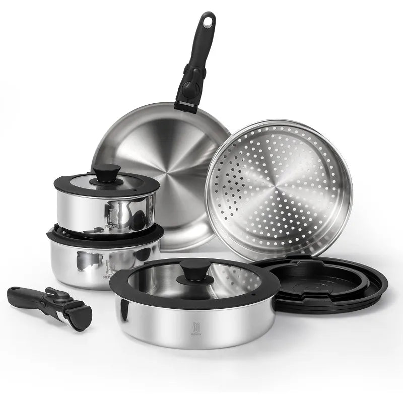 Pots Pans Set, 20 Piece Stainless Steel Kitchen Removable