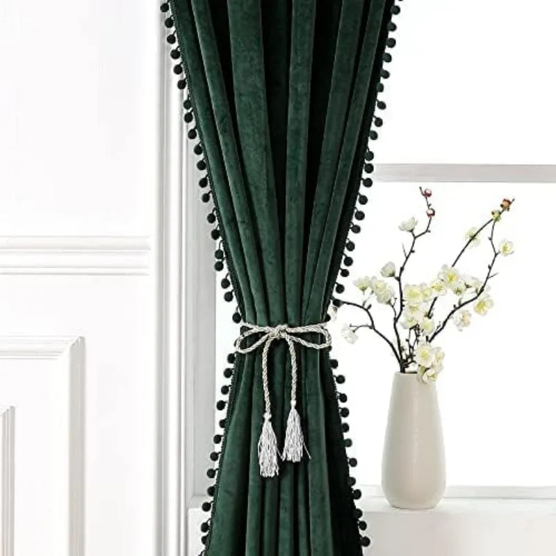 Pom Velvet Curtains for Bedroom, Blackout Curtains in USA