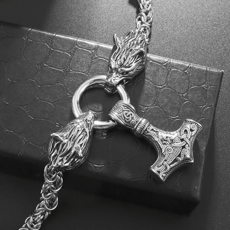 Nordic Necklace Double Wolf Head Thor's Hammer in USA