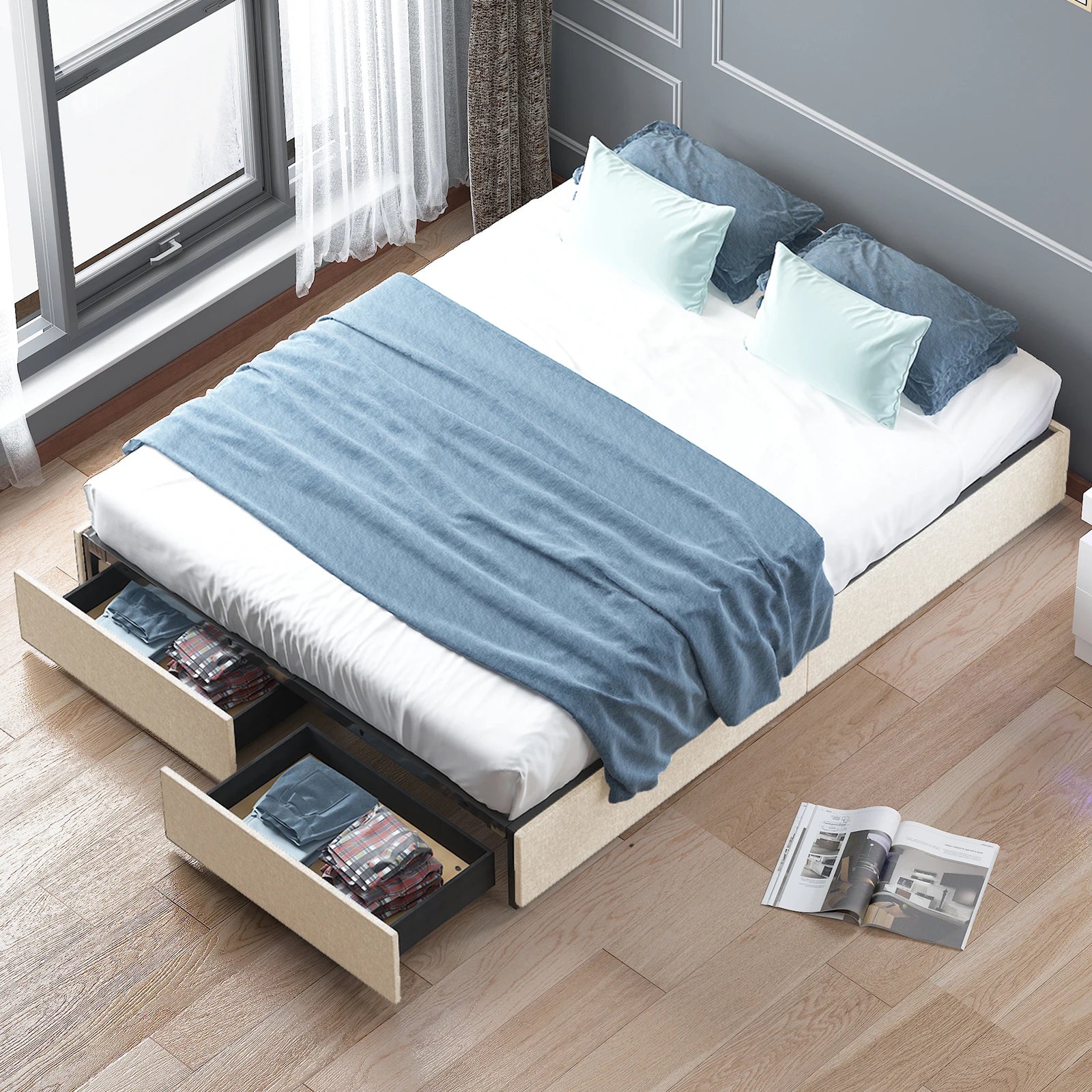 HORGAEO Bed Frame Storage Drawers, Linen Fabric IN USA.