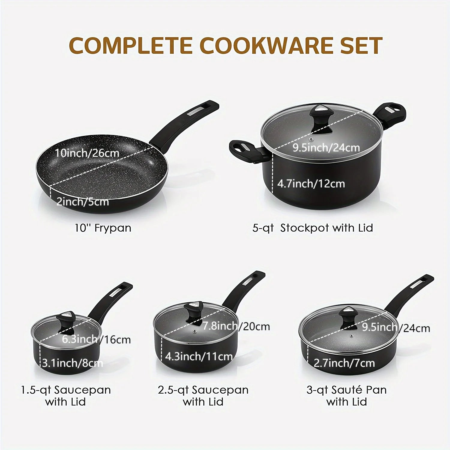 Nonstick Cookware Set, Pots Pans Set Skillets Lid & Black