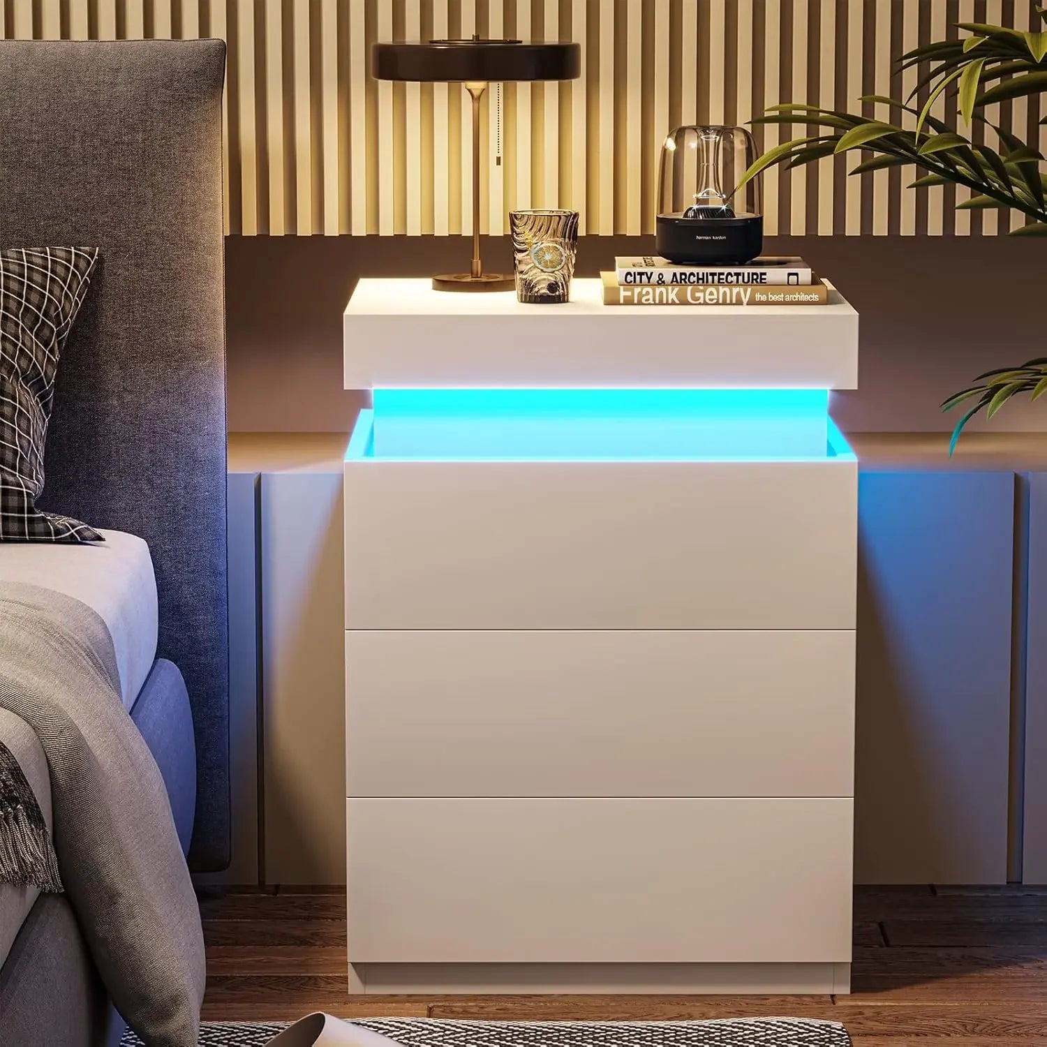 LED Bedside Table Bedroom Drawers USB Ports IN USA.