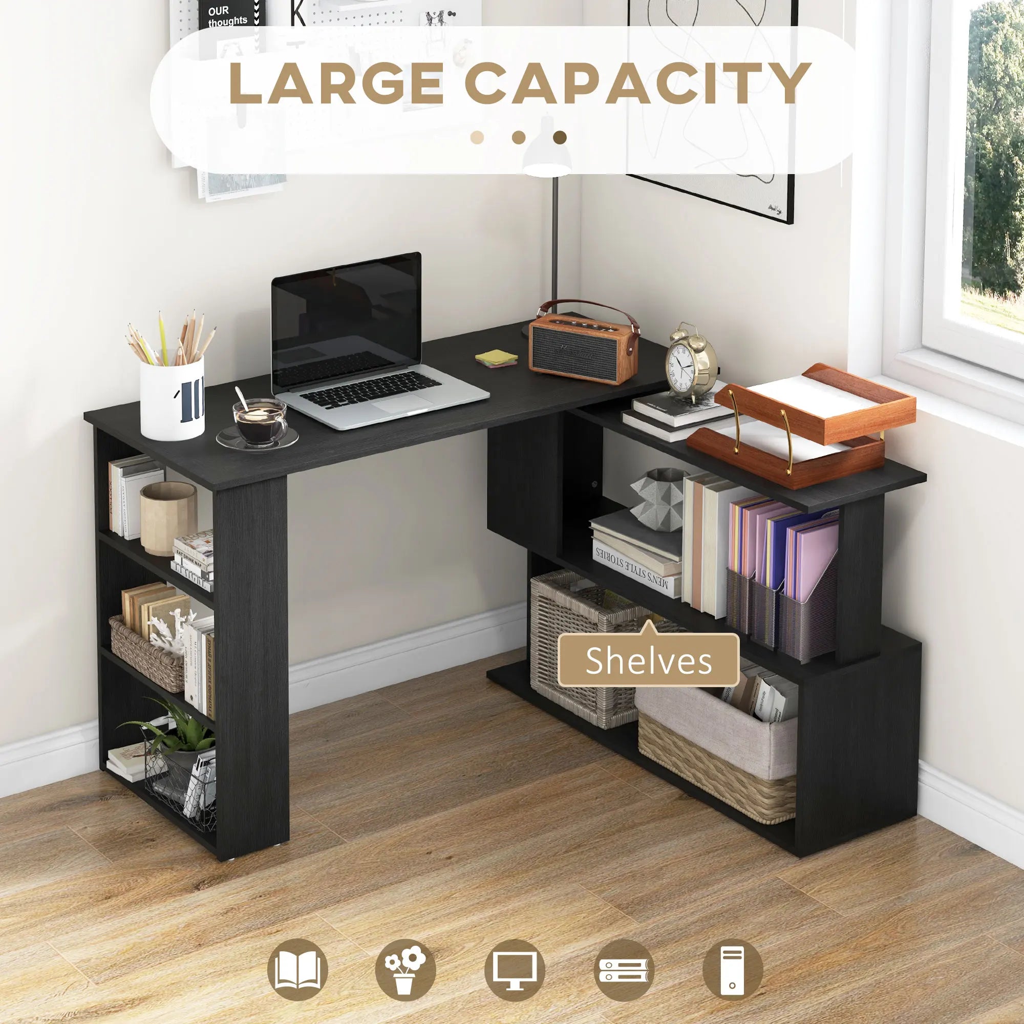 Rotating Home Office Corner Desk and Storage Shelf Combo IN USA.