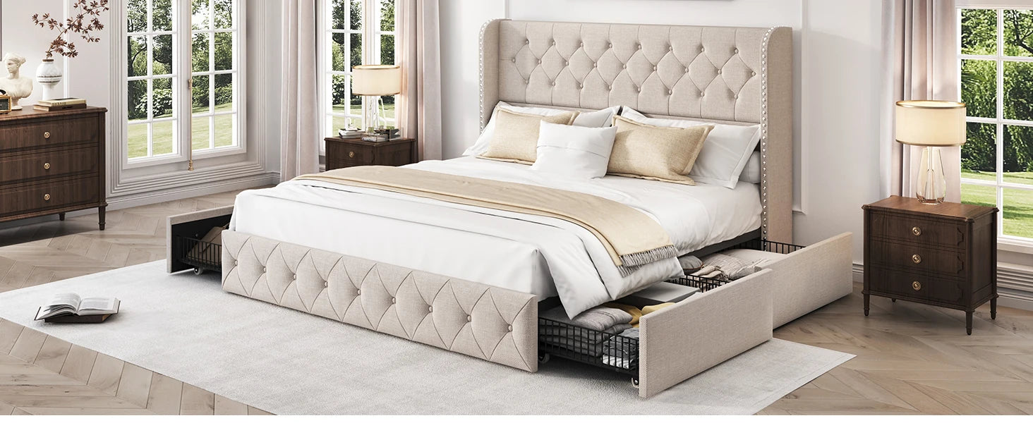 Size Bed Frame Storage Drawers Tufted Headboard Linen IN USA.