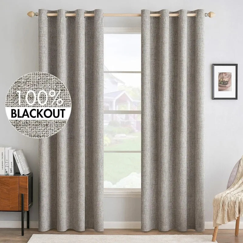 Blackout Linen Textured Curtains for Bedroom Solid Thermal Insulated G