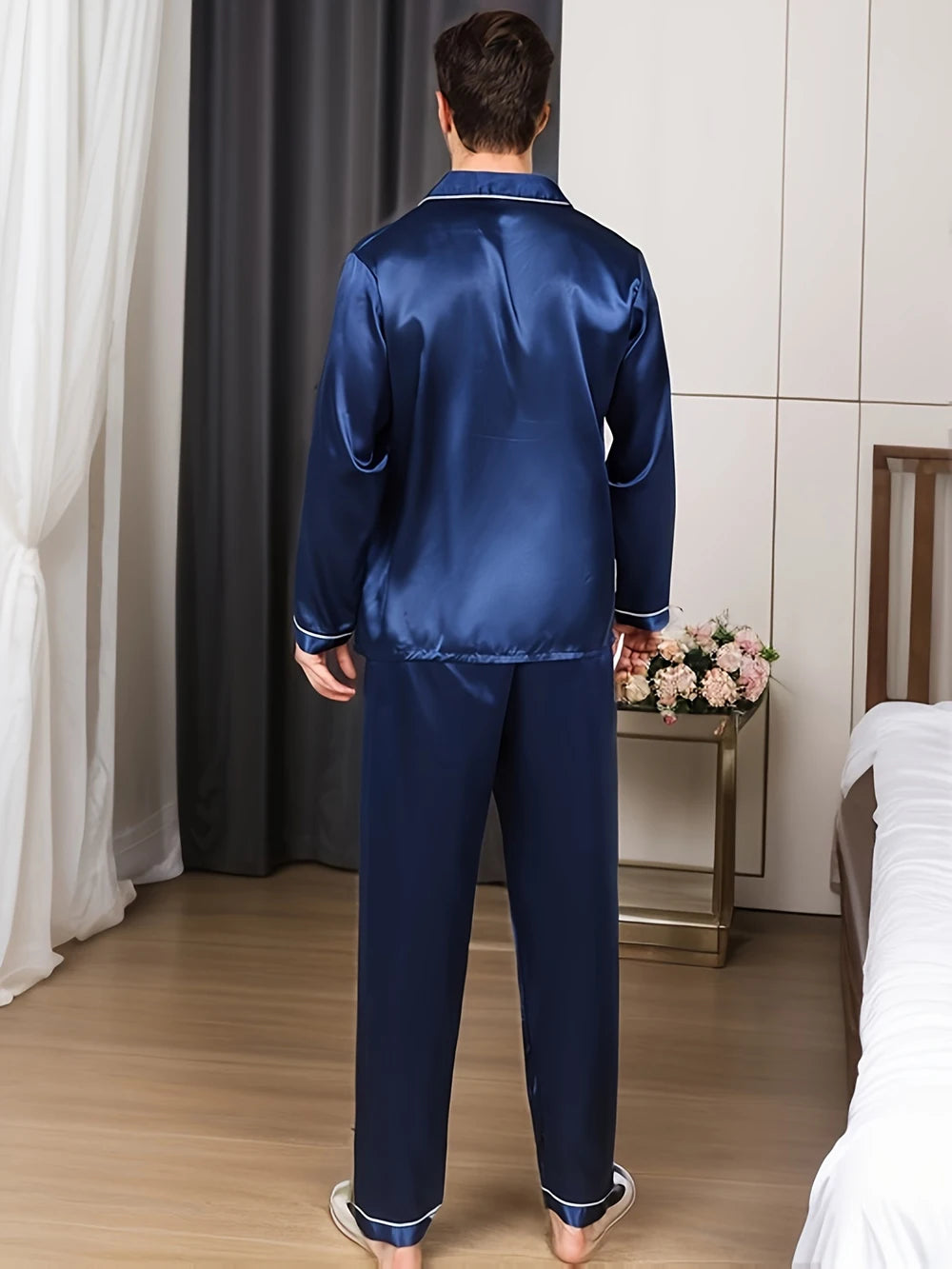 New Men Pajama Sets Sleepwear Man Shirt Silk Long in USA