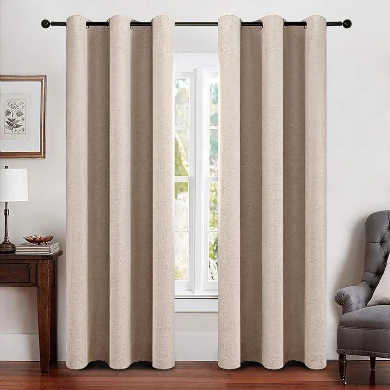 Blackout Linen Textured Curtains for Bedroom Solid Thermal Insulated G