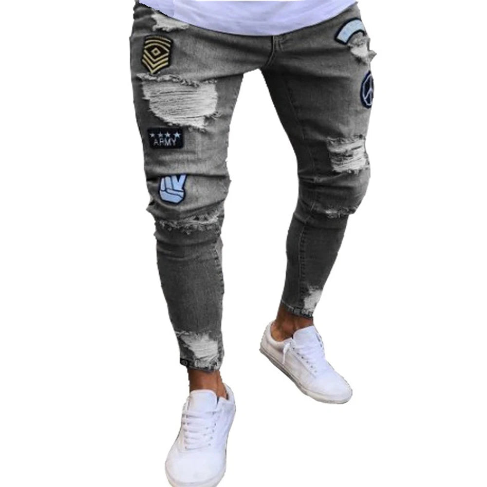 White Embroidery Skinny Ripped Jeans Men Cotton in USA