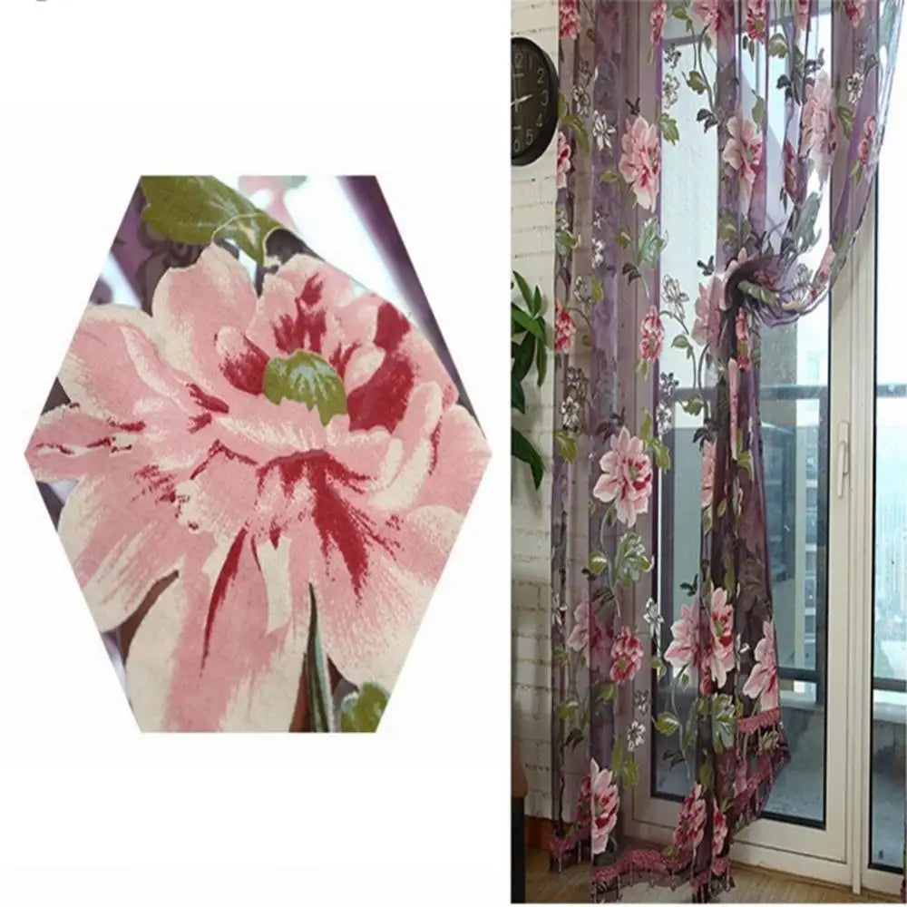 New Door Blinds Window Peony Printed Transparent Tulle Curtain IN USA.