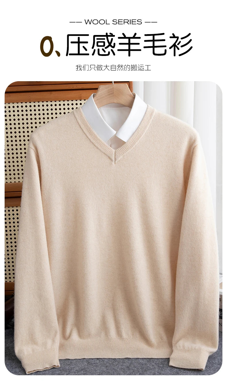 Men Merino Wool Sweater V-Neck Pullover Autumn Winter Cashmere in USA