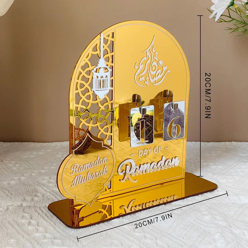 Reusable Acrylic Ramadan Calendar Board Wooden Base Table Ornament wit