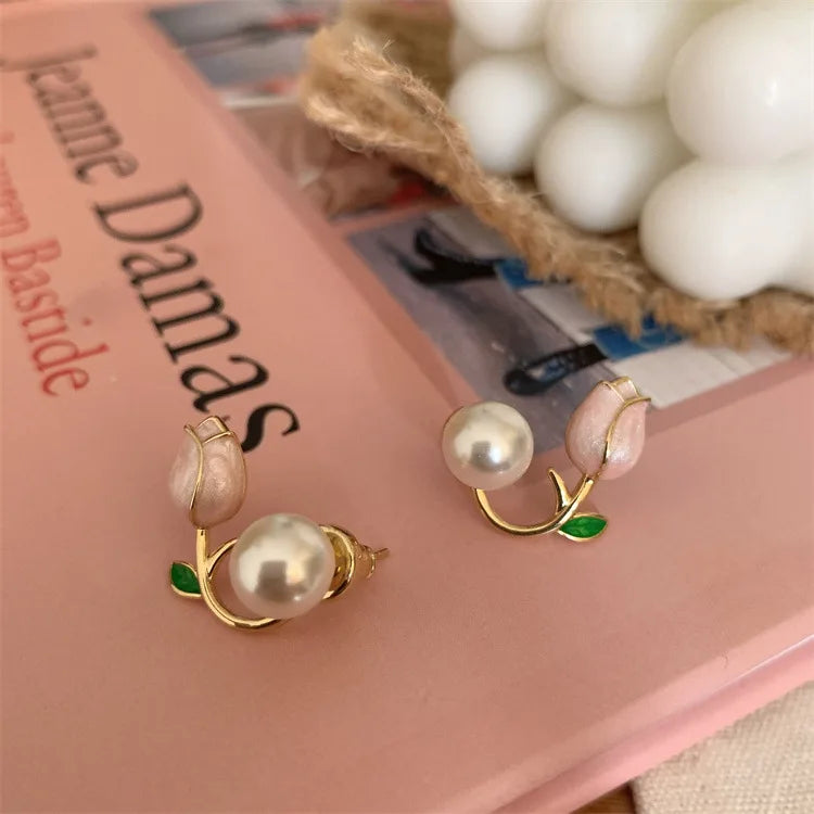 Sweet Fashion Enamel Pearl Tulip Flower Stud Earrings Women in USA