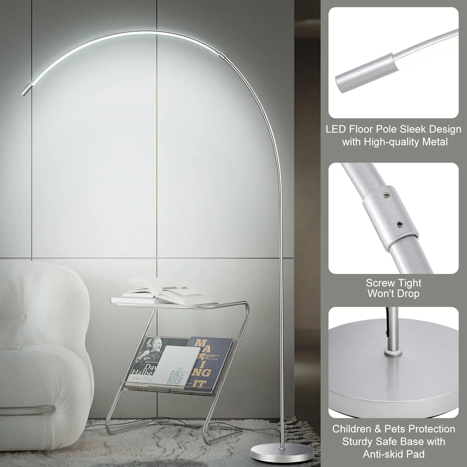 LED Arc Floor Lamp Living Room, Silver Modern Standing Lamp IN USA.