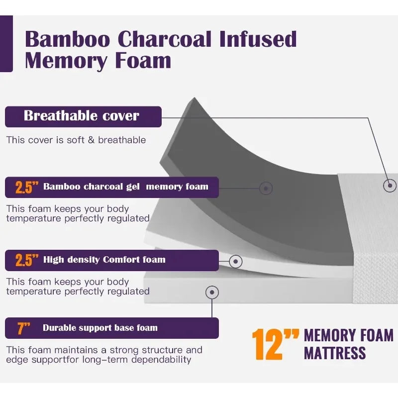 Memory Foam Mattress Cooling Gel Bamboo Charcoal Infused