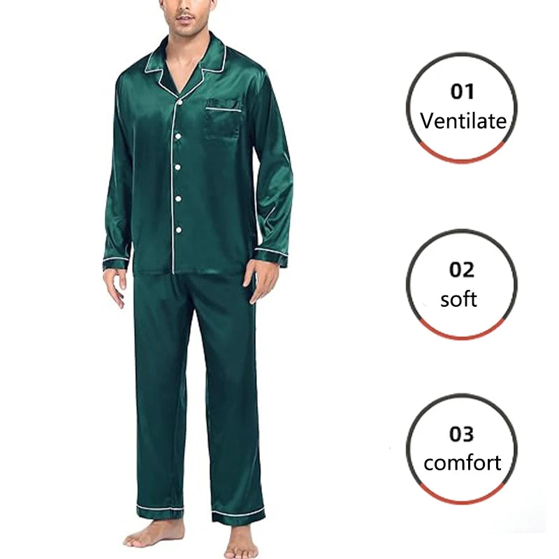 Large Size Solid Long-Sleeved Pyjamas Men Autumn Winter Silk in USA