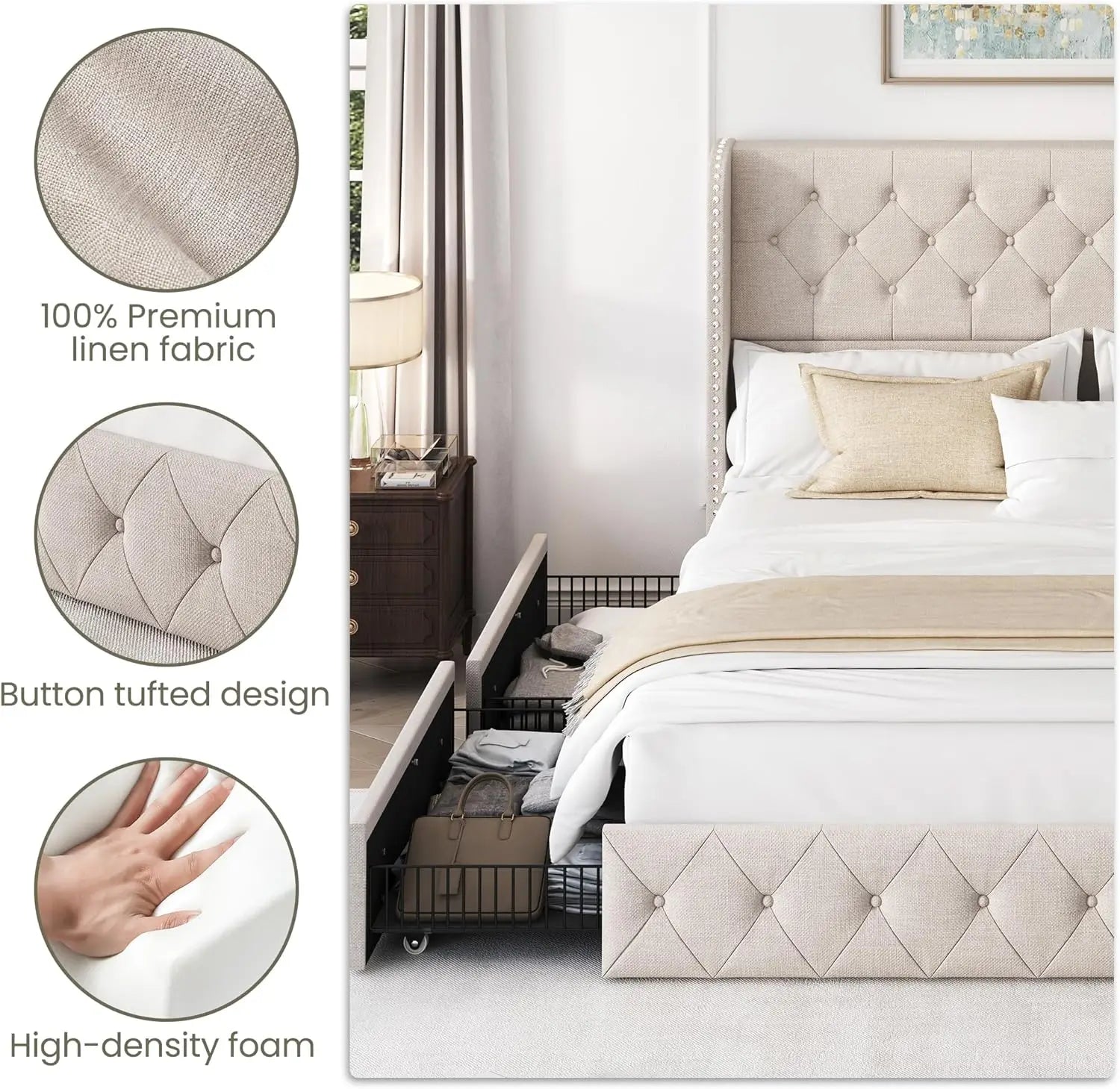 Size Bed Frame Storage Drawers Tufted Headboard Linen IN USA.