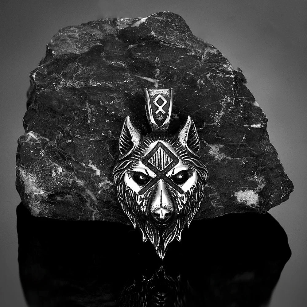 Punk Viking Wolf Necklace Men Norse Mythology Odin's Runes in USA