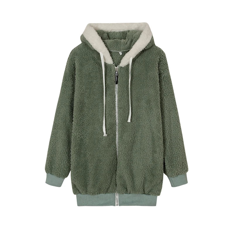 New Style Autumn And Winter Loose Plush Zipper Hooded Jacket Woman in USA