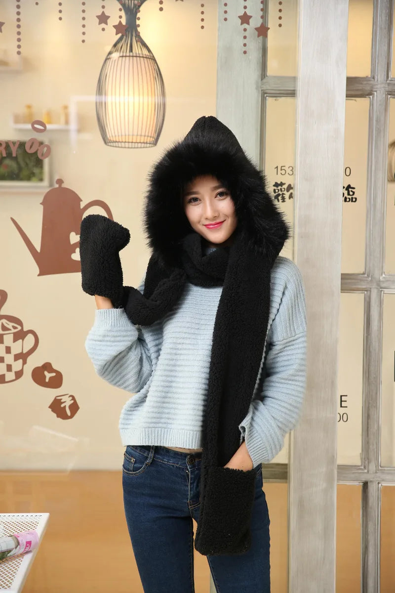 Women's Thick Plush Hat Scarf Gloves Set, Warm Cap, in USA