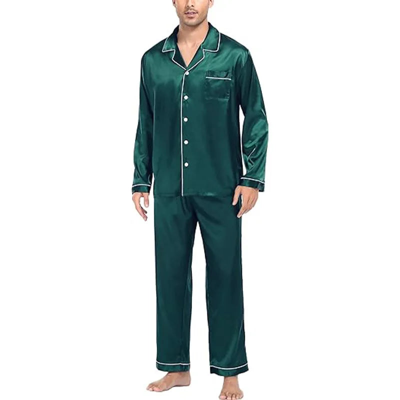 Large Size Solid Long-Sleeved Pyjamas Men Autumn Winter Silk in USA