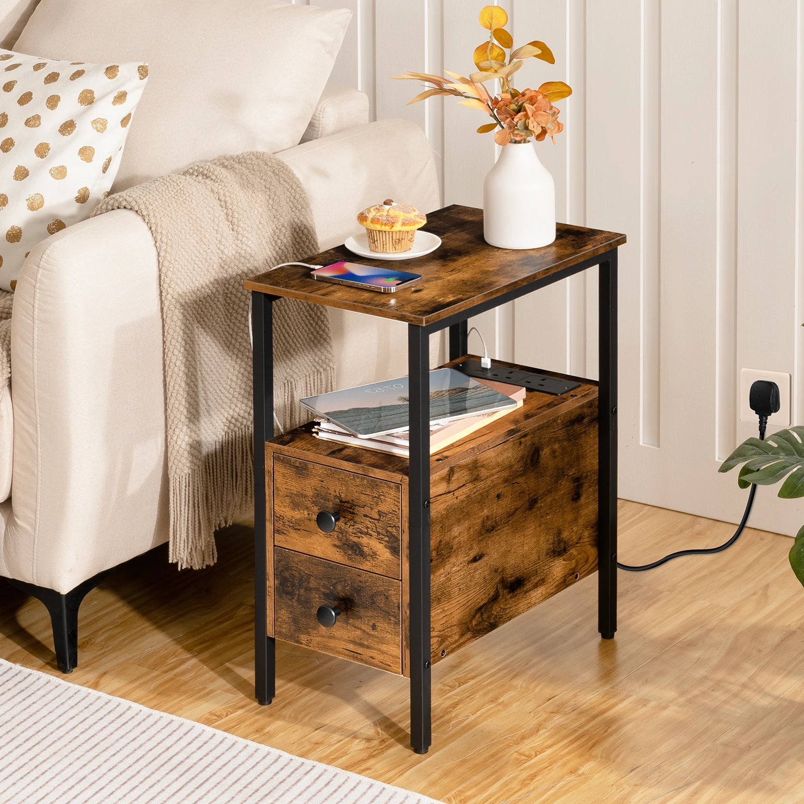 HOOBRO End Table Charging Station Narrow Side Table IN USA.