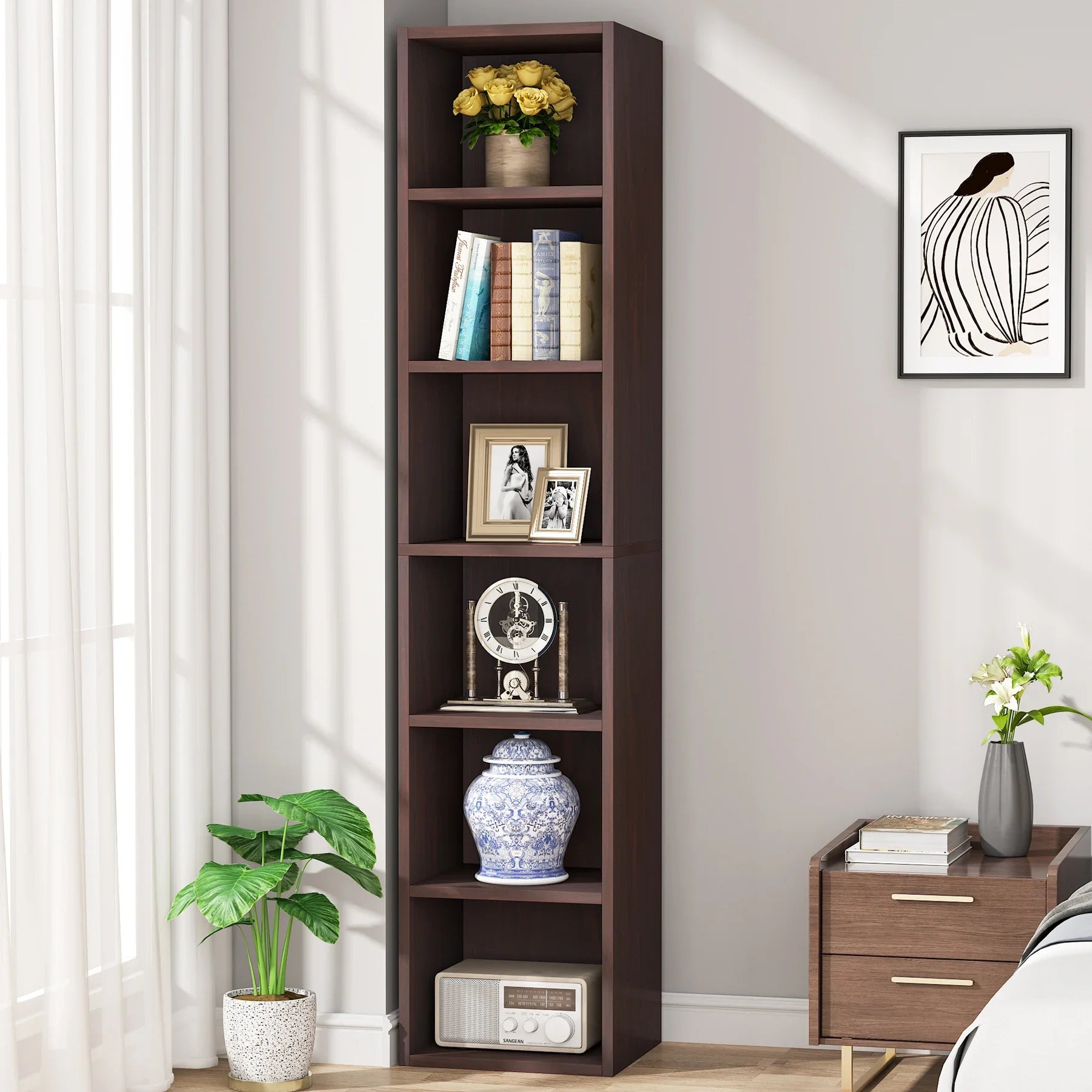 Tribesigns Tall Narrow Bookcase, Rustic Corner Bookcase IN USA.