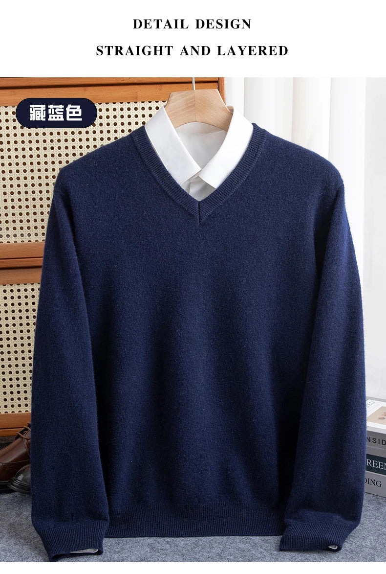 Men Merino Wool Sweater V-Neck Pullover Autumn Winter Cashmere in USA