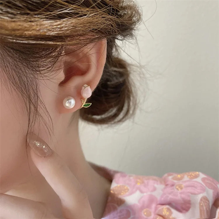 Sweet Fashion Enamel Pearl Tulip Flower Stud Earrings Women in USA