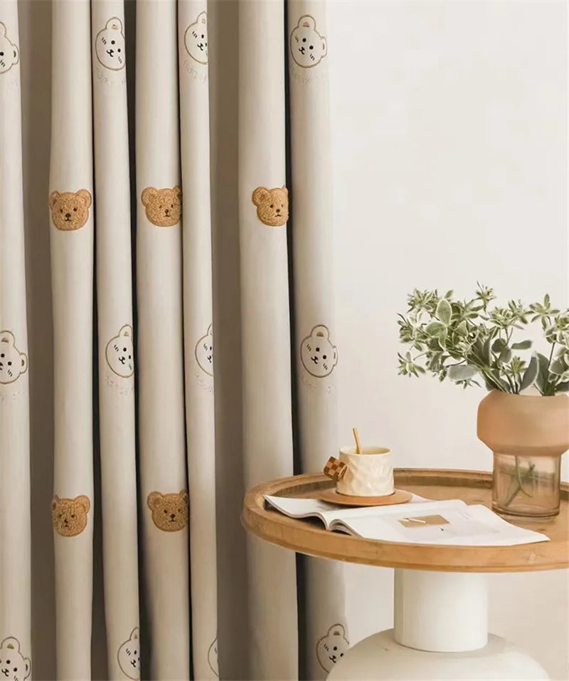 Cute Plush Bear Embroidered Childrens Curtains Japanese